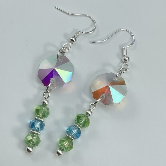Sterling Silver Plated White AB Green Blue Glass Beaded Dangle Earrings Unique - Picture 3 of 7